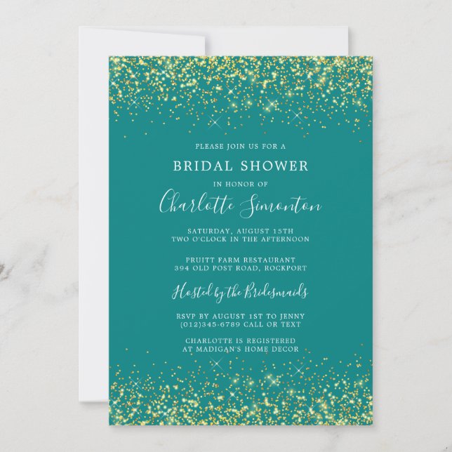 Bridal Shower Glitter Gold Teal Glam Invitation (Front)