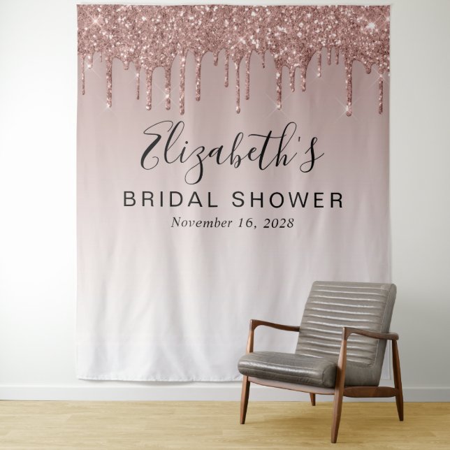 Bridal Shower Glitter Rose Gold Photo Backdrop Tapestry (In Situ)