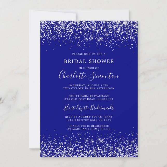 Bridal Shower Glitter Silver Navy Blue Glam Invitation (Front)