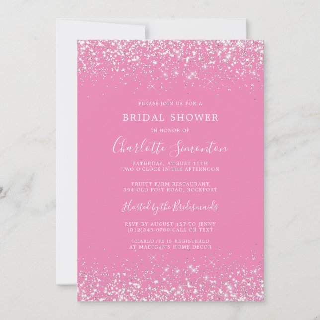 Bridal Shower Glitter Silver Pink Glam Invitation (Front)