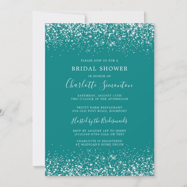 Bridal Shower Glitter Silver Teal Glam Invitation (Front)