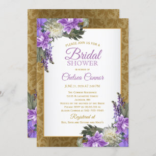 Bridal Shower - Gold Damask & Lavender Purple Invitation