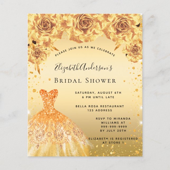 Bridal Shower gold dress floral budget invitation Flyer (Front)