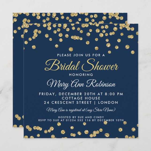Bridal Shower Gold Faux Glitter Confetti Navy Blue Invitation (Front/Back)