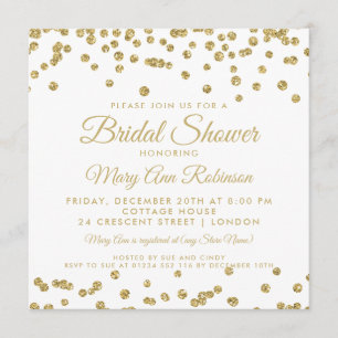 Bridal Shower Gold Faux Glitter Confetti White Invitation