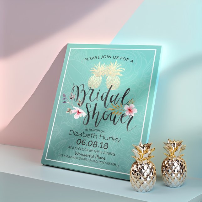 Bridal Shower Gold Foil Pineapple Couple Teal Rose Invitation (Creator Uploaded)