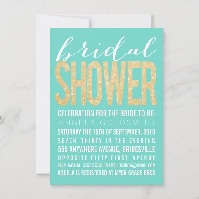 Bridal Shower Gold Glitter Aqua Party Invitation (Front)