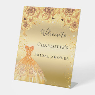 Bridal Shower gold glitter dress florals welcome Pedestal Sign