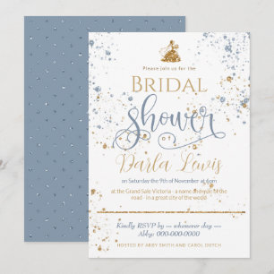Bridal shower gold glitter_dusty blue invitation