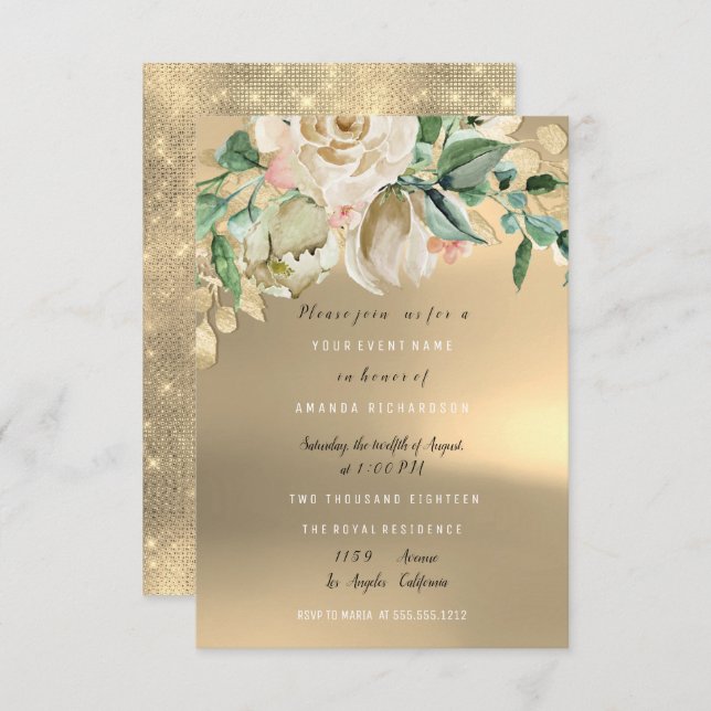 Bridal Shower Gold Mint Paint Flower Watercolor Invitation (Front/Back)
