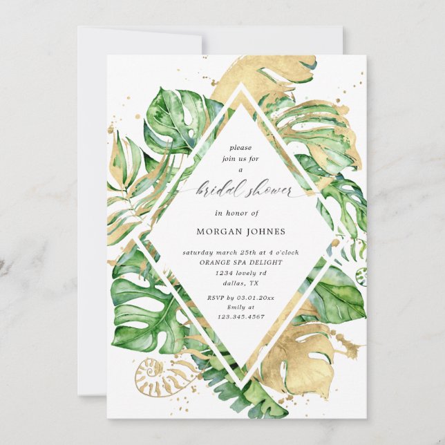 bridal shower gold tropical foliage Invitation (Front)