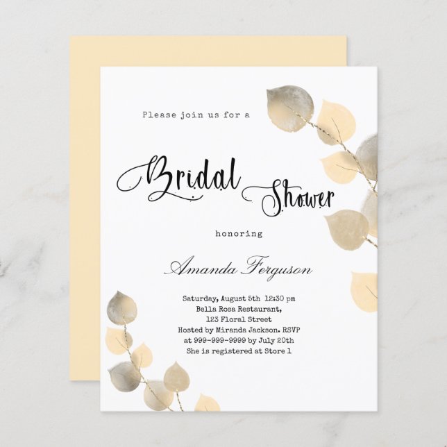 Bridal Shower golden eucalyptus budget invitation (Front/Back)