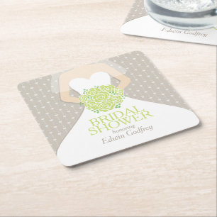 Bridal shower green roses white dress custom square paper coaster