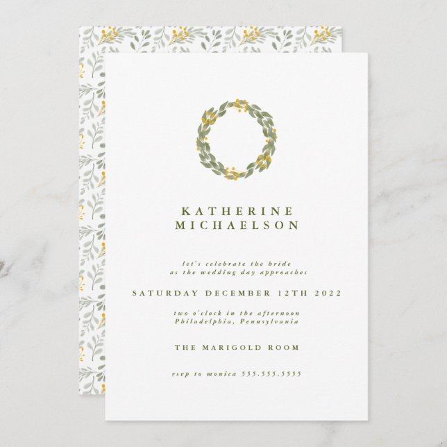 BRIDAL SHOWER | Green Watercolor Wreath Invitation (Front/Back)