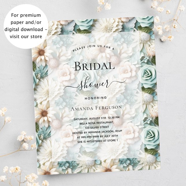 Bridal Shower green white floral budget invitation (Creator Uploaded)