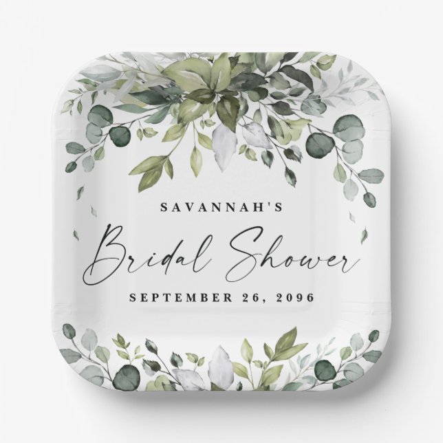 Bridal Shower Greenery Elegant Watercolor Bohemian Paper Plate (Front)