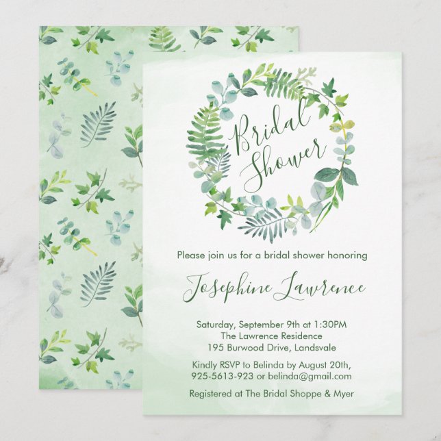 Bridal Shower Greenery Foliage Watercolor Invitation (Front/Back)