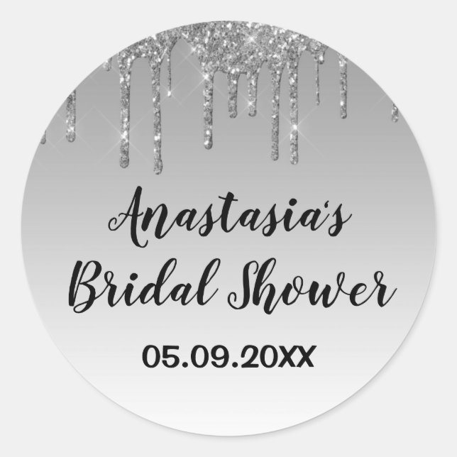Bridal Shower Grey & Silver Glitter Drips Sparkle Classic Round Sticker (Front)