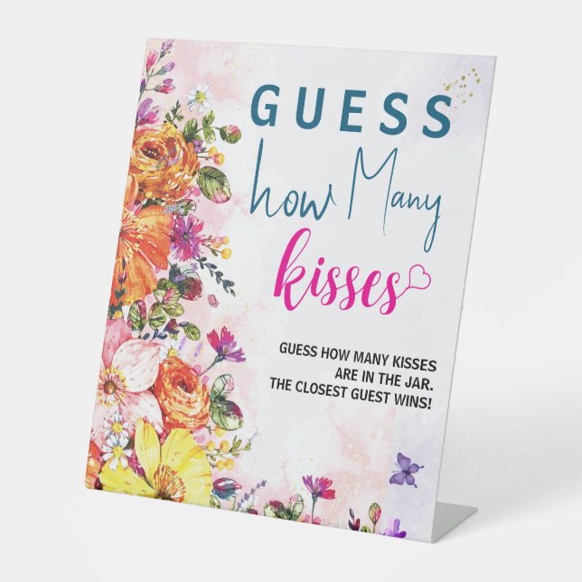 Bridal Shower Guess How Many Kisses Spring Floral Pedestal Sign (Front)