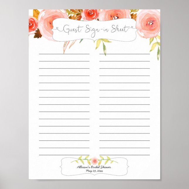 Bridal Shower Guest Sign In Sheet / blush floral (Front)