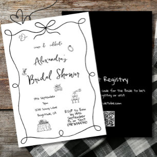 Bridal Shower Hand Drawn Black White Whimsical Invitation