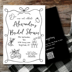 Bridal Shower Hand Drawn Black White Whimsical Invitation