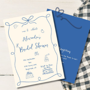 Bridal Shower Hand Drawn Blue Cream Whimsical Invitation