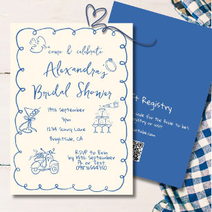 Bridal Shower Hand Drawn Blue Cream Whimsical  Invitation