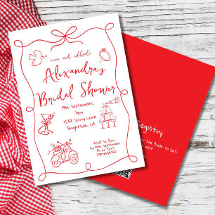 Bridal Shower Hand Drawn Red White Whimsical Invitation