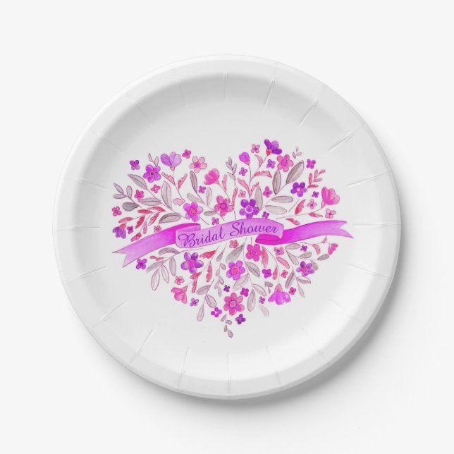 Bridal shower heart flower posy art paper plates (Front)