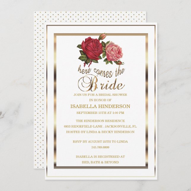 Bridal Shower - Here Comes the Bride -🌹🌹🌹 Rose Invitation (Front/Back)