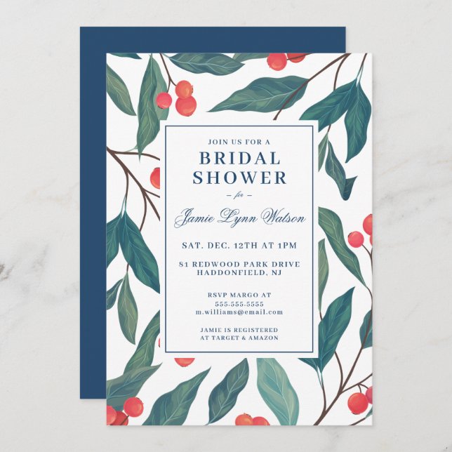 Bridal Shower | Holiday Holly & Berries Invitation (Front/Back)