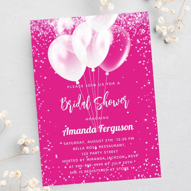 Bridal Shower hot pink white balloons Invitation Postcard (Creator Uploaded)
