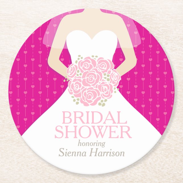 Bridal shower hot pink white dress custom coasters (Front)