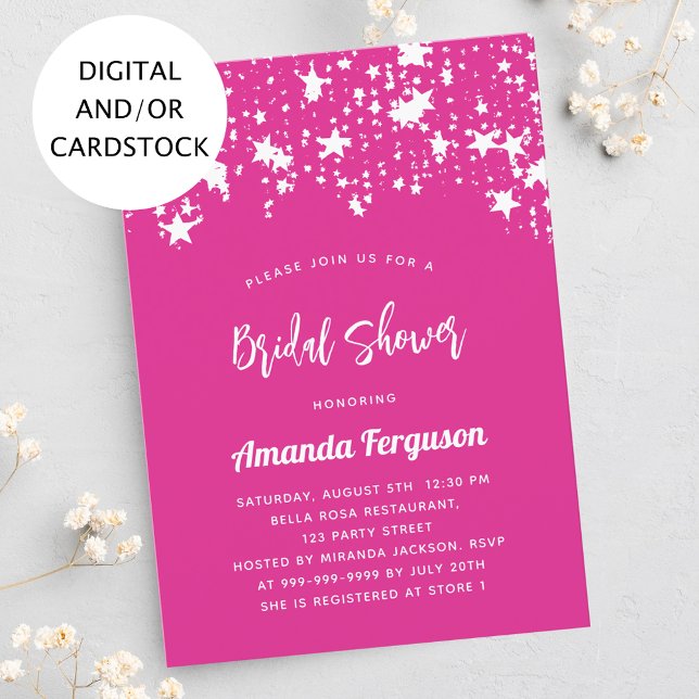 Bridal Shower hot pink white stars Invitation (Creator Uploaded)