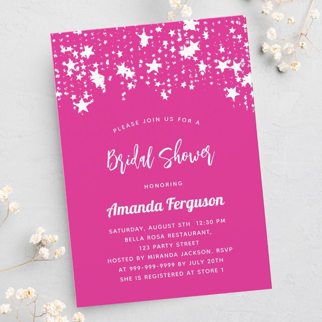 Bridal Shower hot pink white stars luxury Invitation (Creator Uploaded)