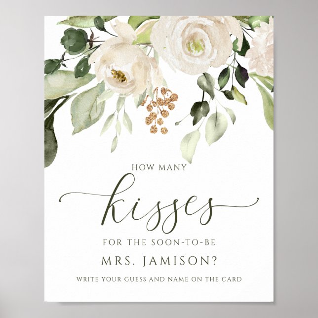 Bridal Shower How Many Kisses Game White Greenery Poster (Front)