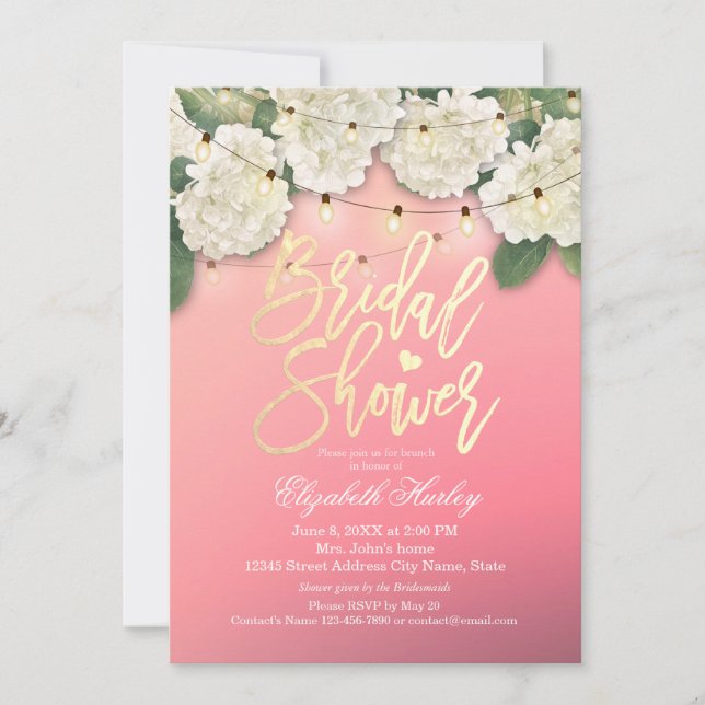 Bridal Shower Hydrangea Flowers String Lights Pink Invitation (Front)