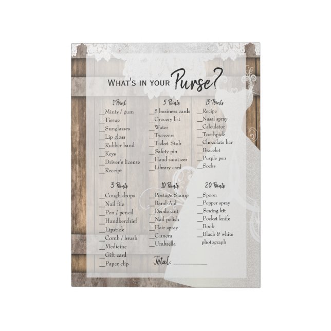 Bridal Shower in Rustic Wood & White Lace Game Notepad (Rotated)