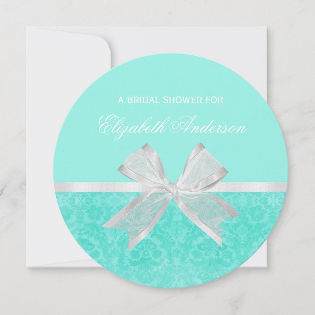 Bridal Shower Invitation Aqua Damask White Bow (Front)