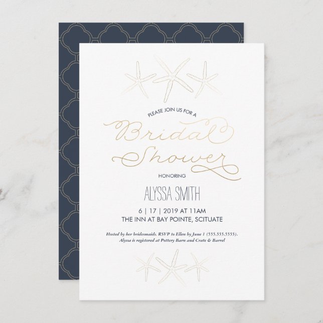 Bridal Shower Invitation - Beach, Starfish, Gold (Front/Back)