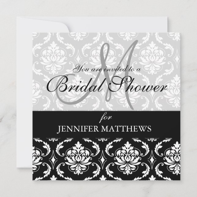 Bridal Shower Invitation Black Damask Monogram (Front)