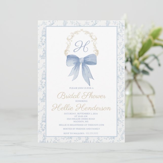 Bridal Shower Invitation Blue Damask and Gold (Standing Front)