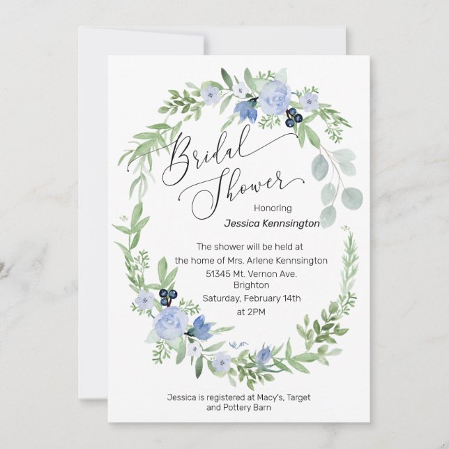 Bridal Shower Invitation Blue Watercolor (Front)