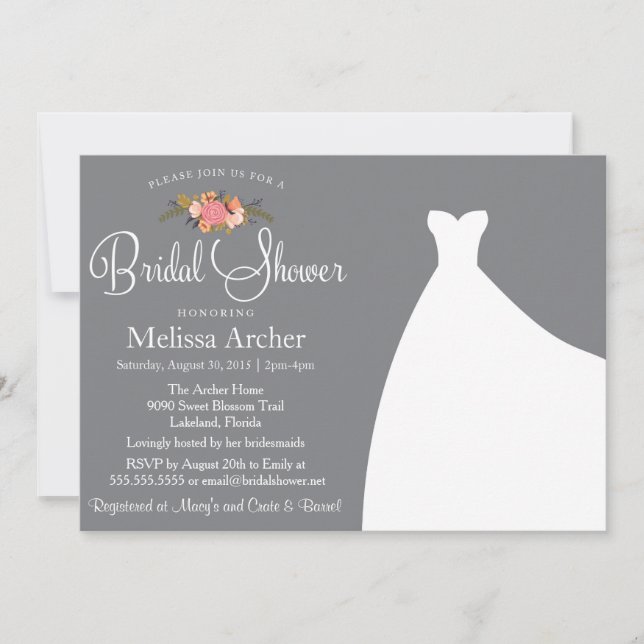 Bridal Shower Invitation, Floral & Wedding Gown Invitation (Front)