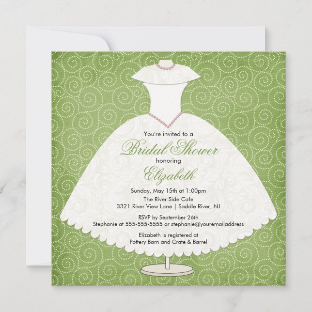 Bridal Shower Invitation Gown Sage Green Swirls (Front)