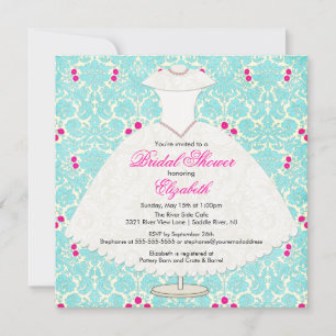 Bridal Shower Invitation Gown Turquoise Damask