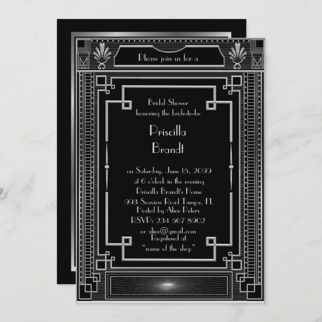 Bridal Shower invitation,great Gatsby black Silver Invitation (Front/Back)