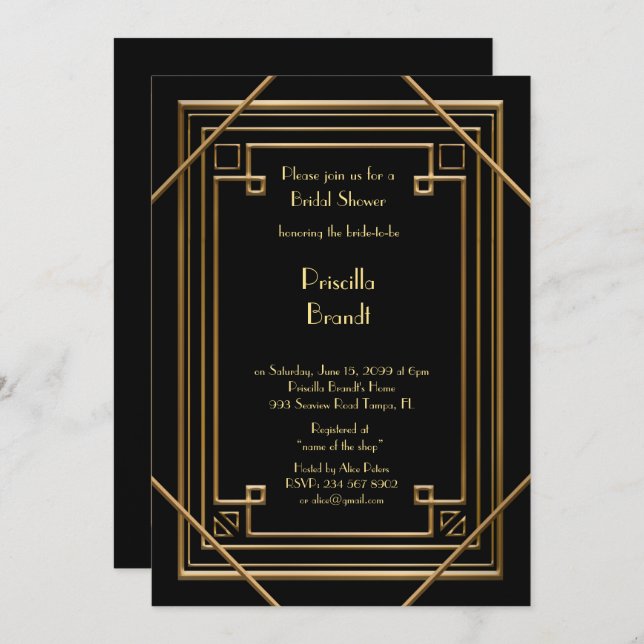 Bridal Shower invitation,great Gatsby gold black Invitation (Front/Back)