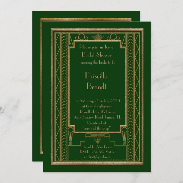 Bridal Shower invitation,great Gatsby gold green Invitation (Front/Back)